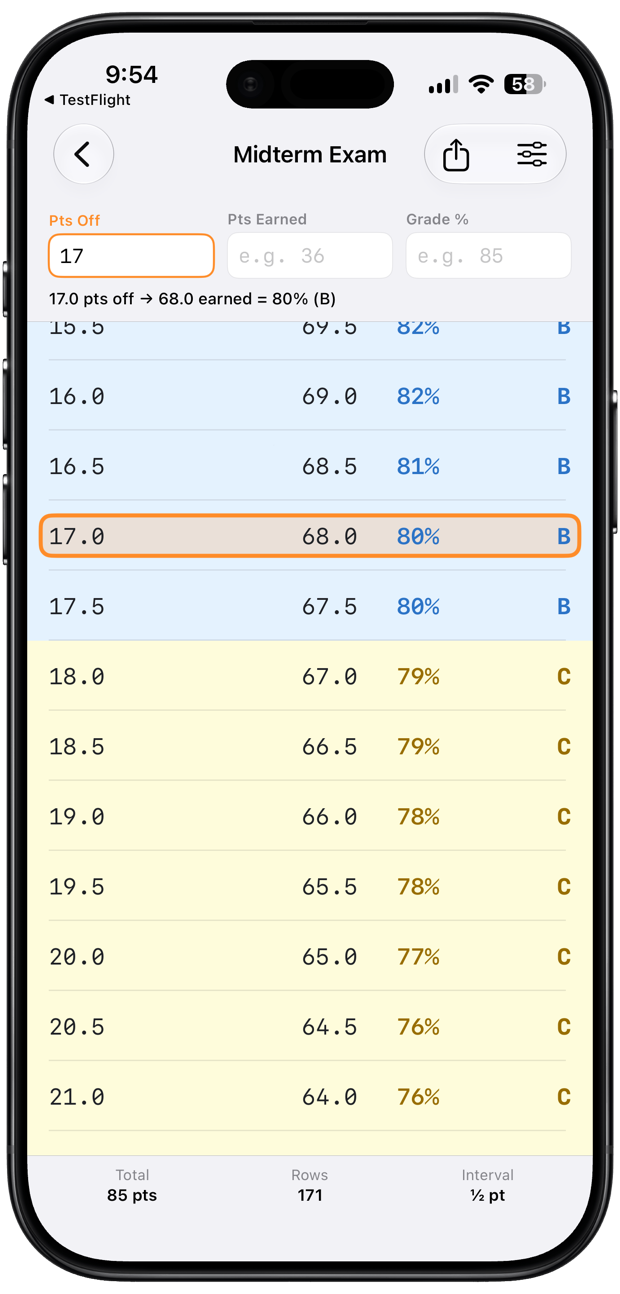 Screenshot of the GradeKey app showing a grade conversion table